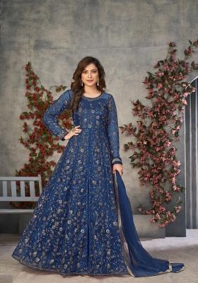Blue Embroidered Net Anarkali Set