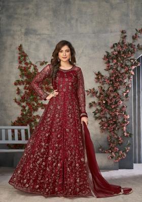 Maroon Embroidered Net Anarkali Set
