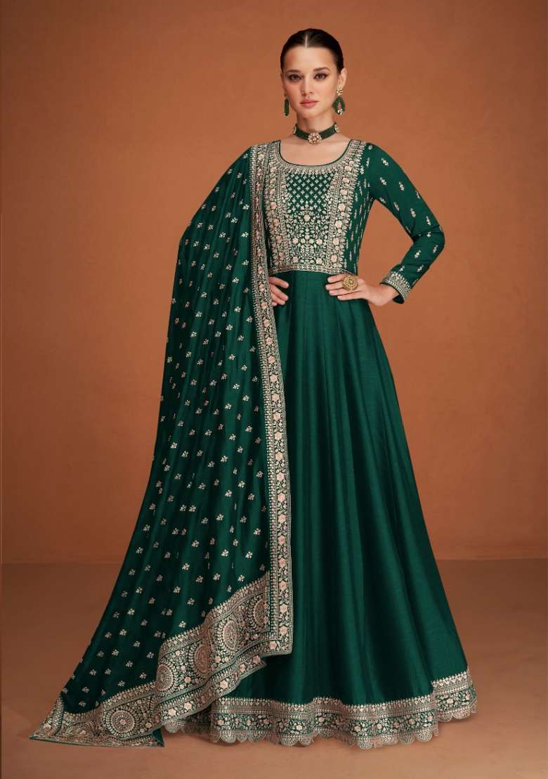 Green Embroidered Silk Blend Anarkali Set - Indya