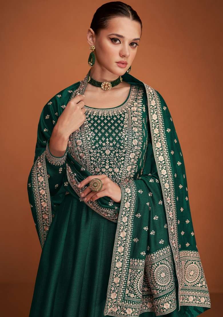 Green Embroidered Silk Blend Anarkali Set - Indya