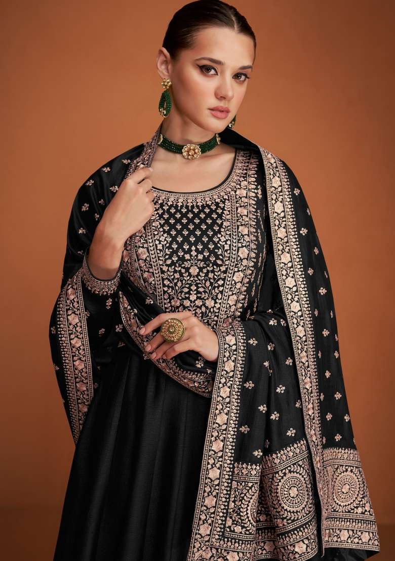 Black Embroidered Silk Blend Anarkali Set - Indya