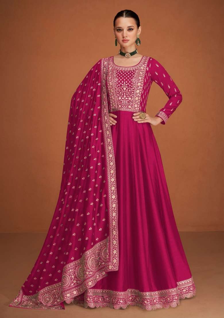 Pink Embroidered Silk Blend Anarkali Set - Indya