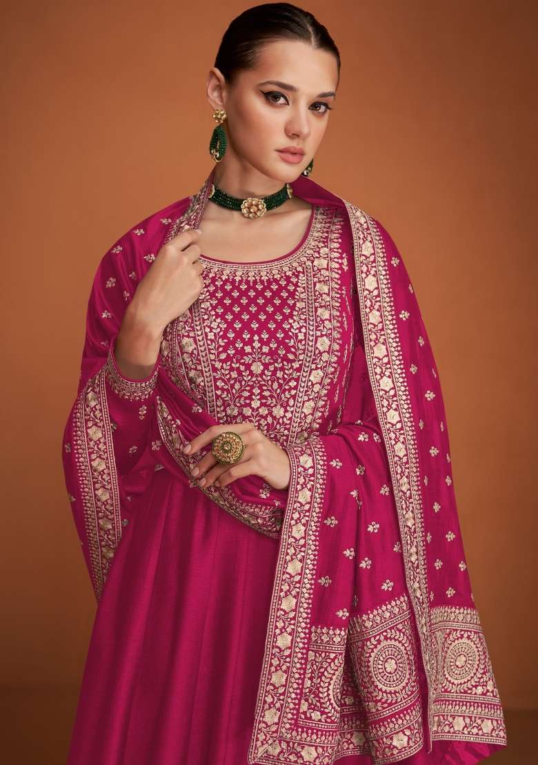 Pink Embroidered Silk Blend Anarkali Set - Indya