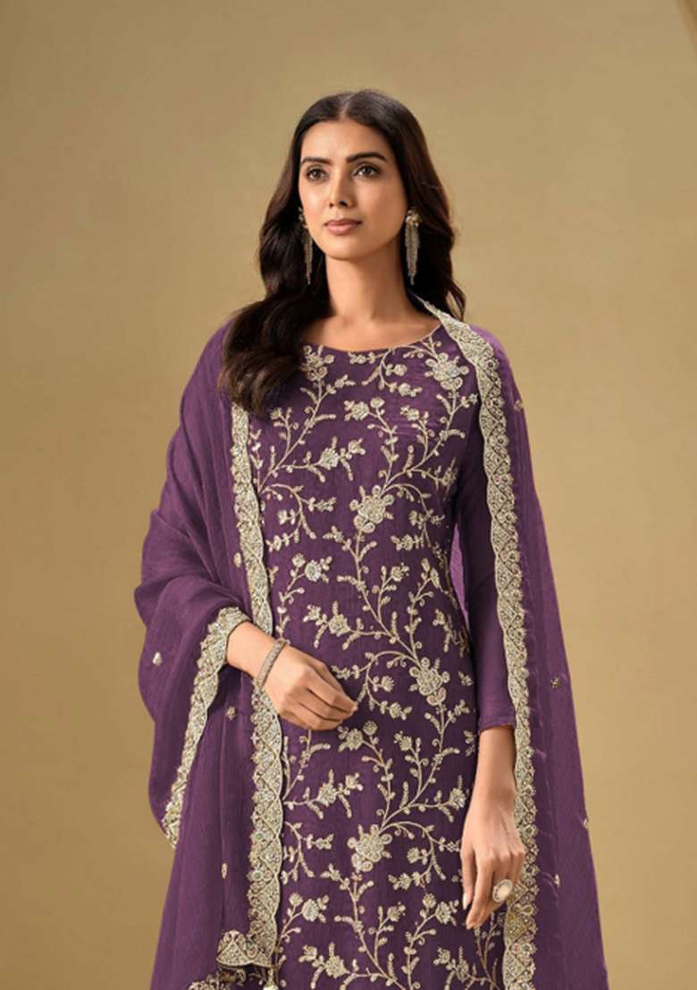 Purple Embroidered Silk Blend Salwar Kameez - Indya