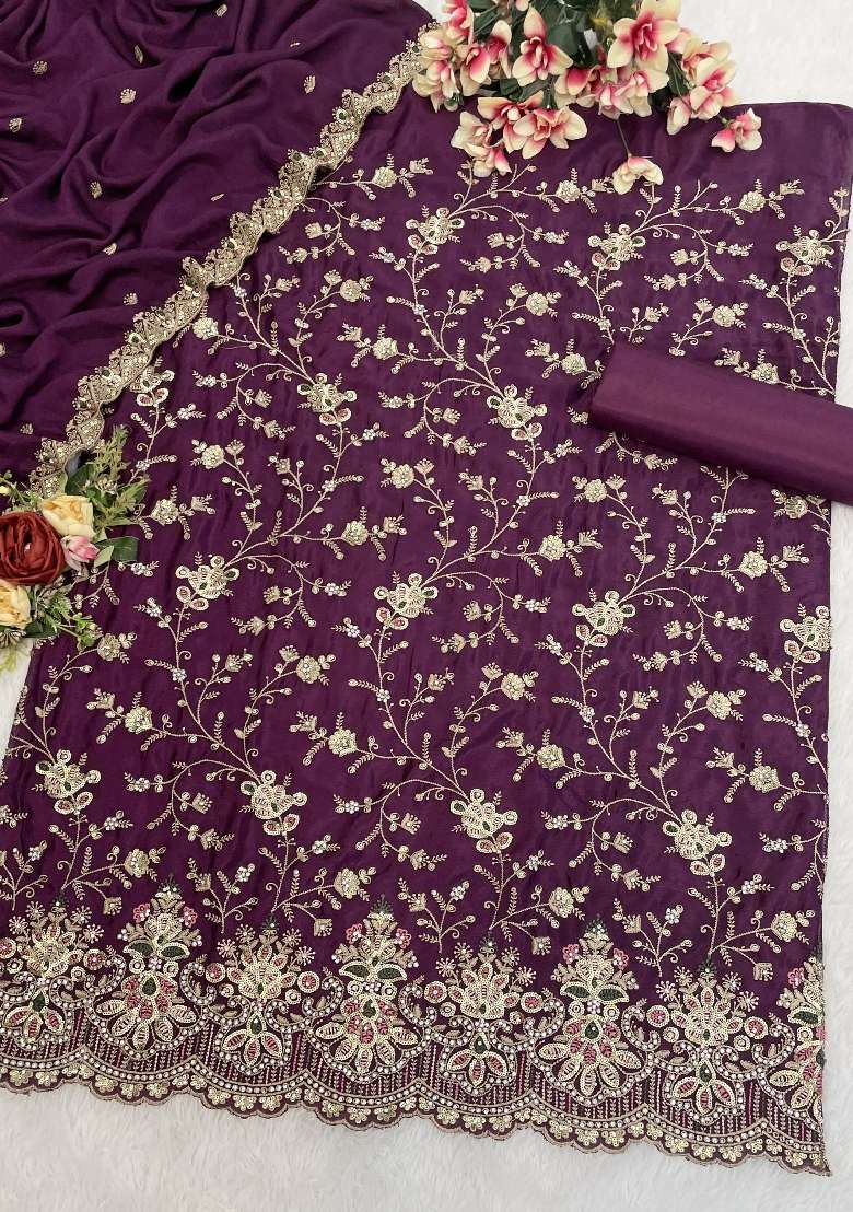 Purple Embroidered Silk Blend Salwar Kameez - Indya