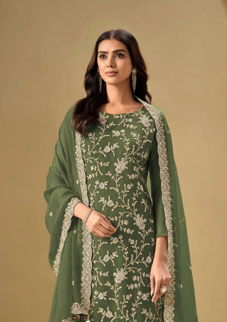 Mehendi Embroidered Silk Blend Salwar Kameez - Indya