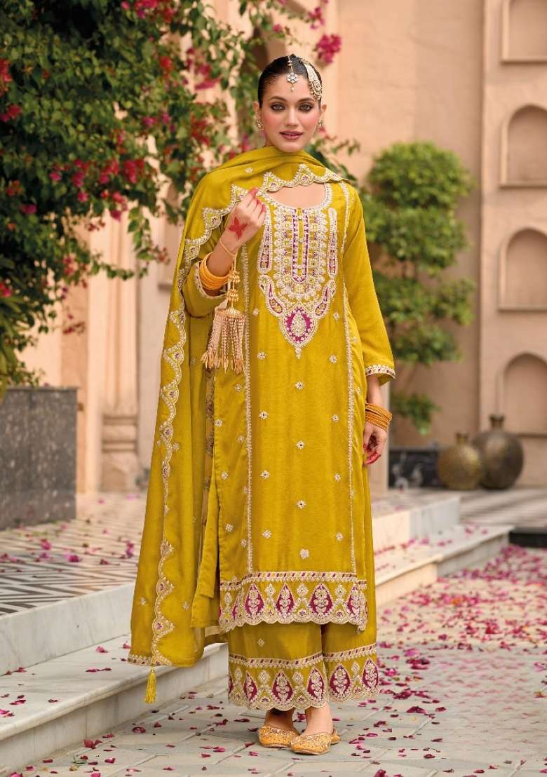 Yellow Embroidered Chiffon Salwar Kameez - Indya