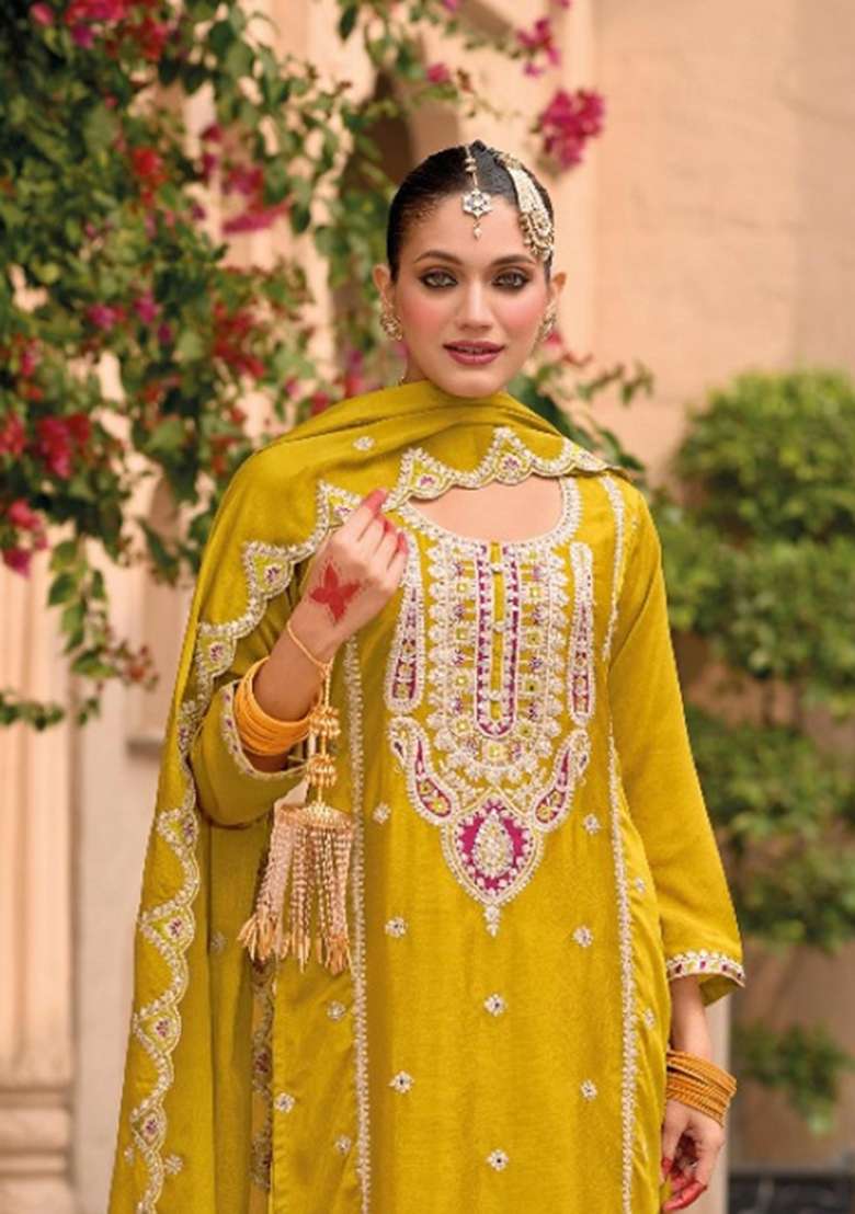 Yellow Embroidered Chiffon Salwar Kameez - Indya