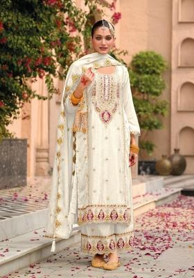 Beige Embroidered Chiffon Salwar Kameez