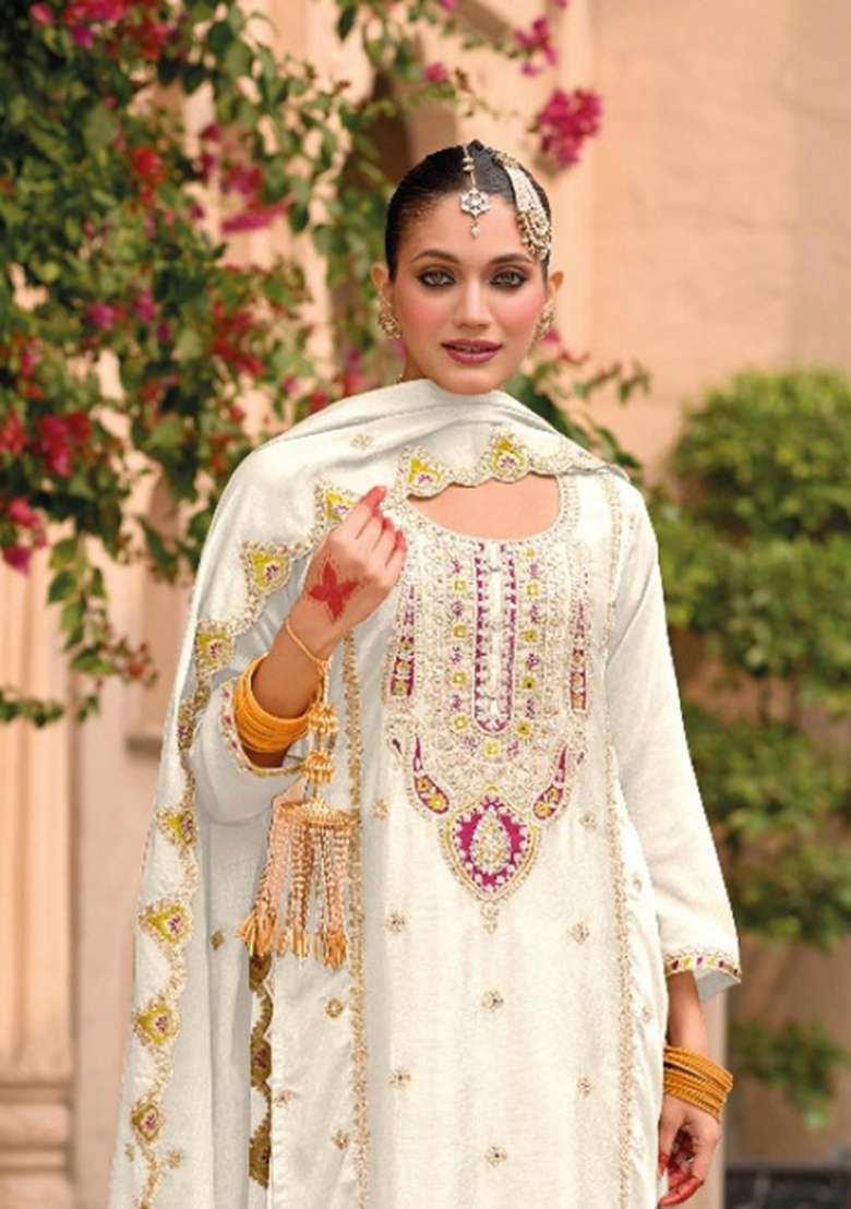 Beige Embroidered Chiffon Salwar Kameez - Indya