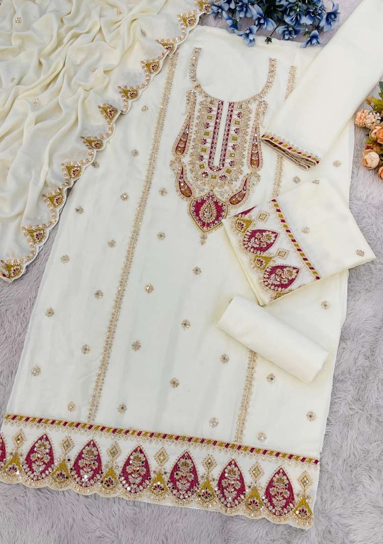 Beige Embroidered Chiffon Salwar Kameez - Indya