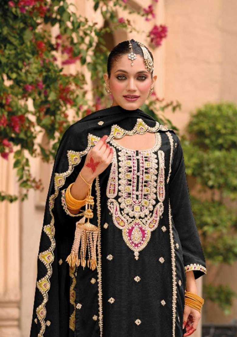 Black Embroidered Chiffon Salwar Kameez - Indya