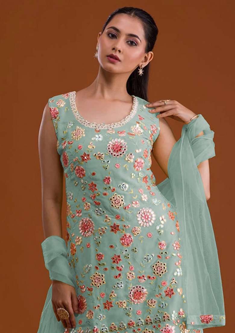 Sky Blue Embroidered Georgette Salwar Kameez - Indya
