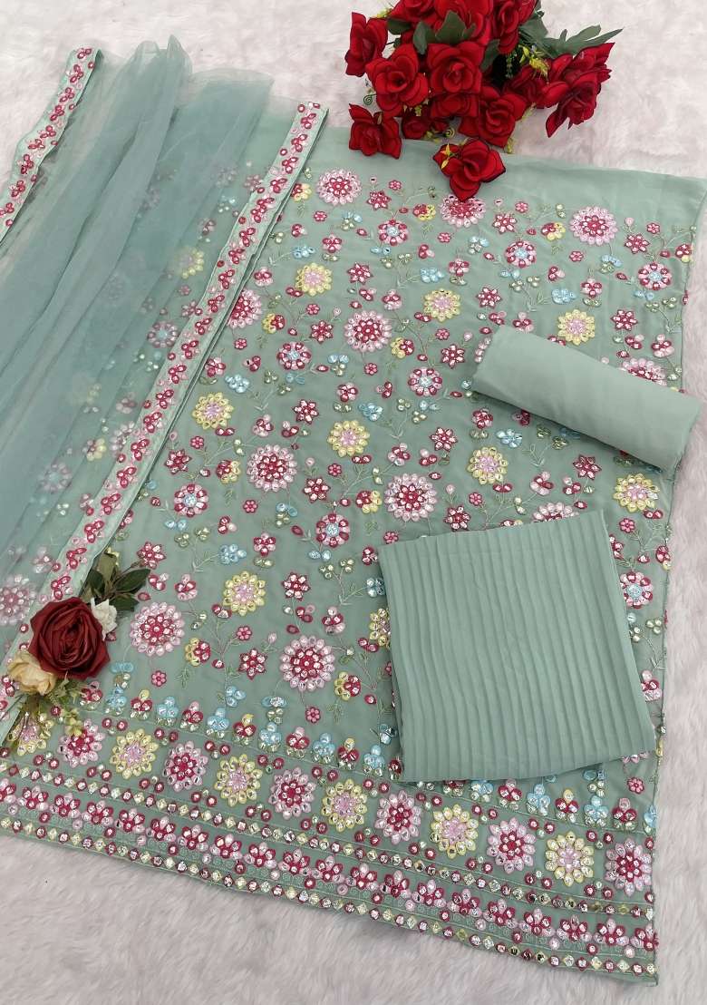 Sky Blue Embroidered Georgette Salwar Kameez - Indya