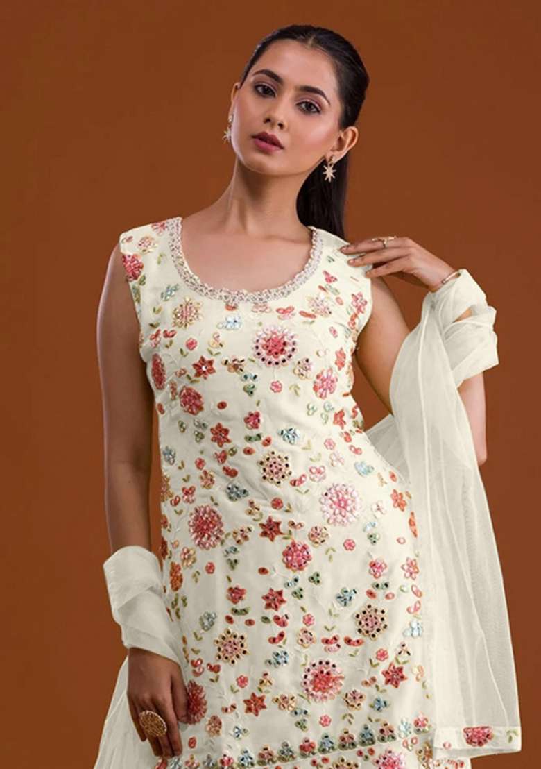 White Embroidered Georgette Salwar Kameez - Indya