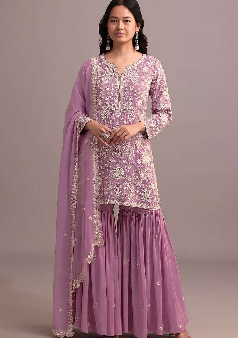 Pink Embroidered Georgette Salwar Kameez - Indya
