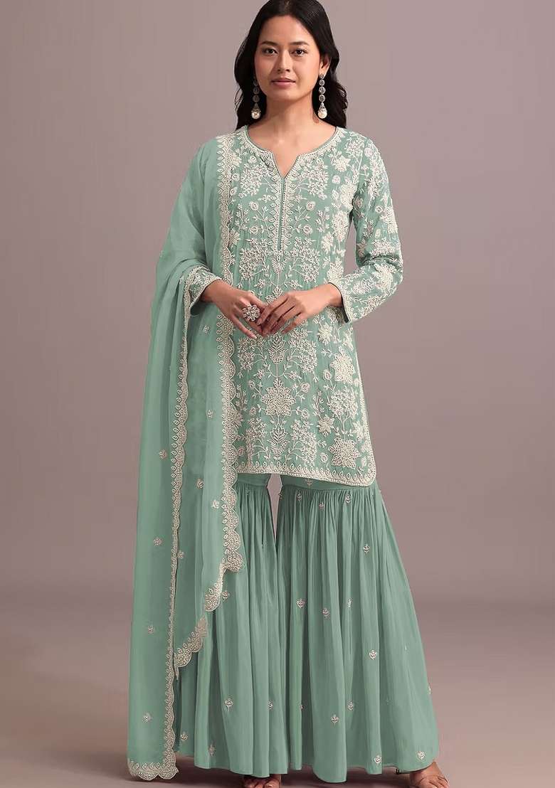 Green Embroidered Georgette Salwar Kameez - Indya