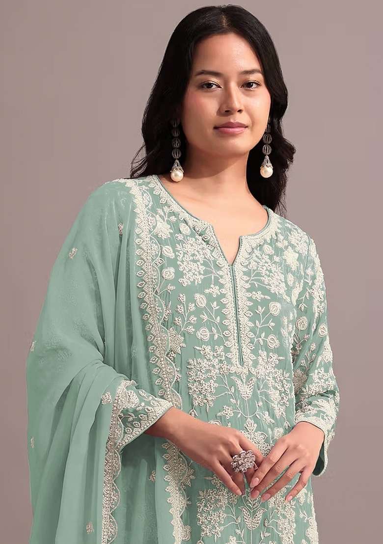Green Embroidered Georgette Salwar Kameez - Indya