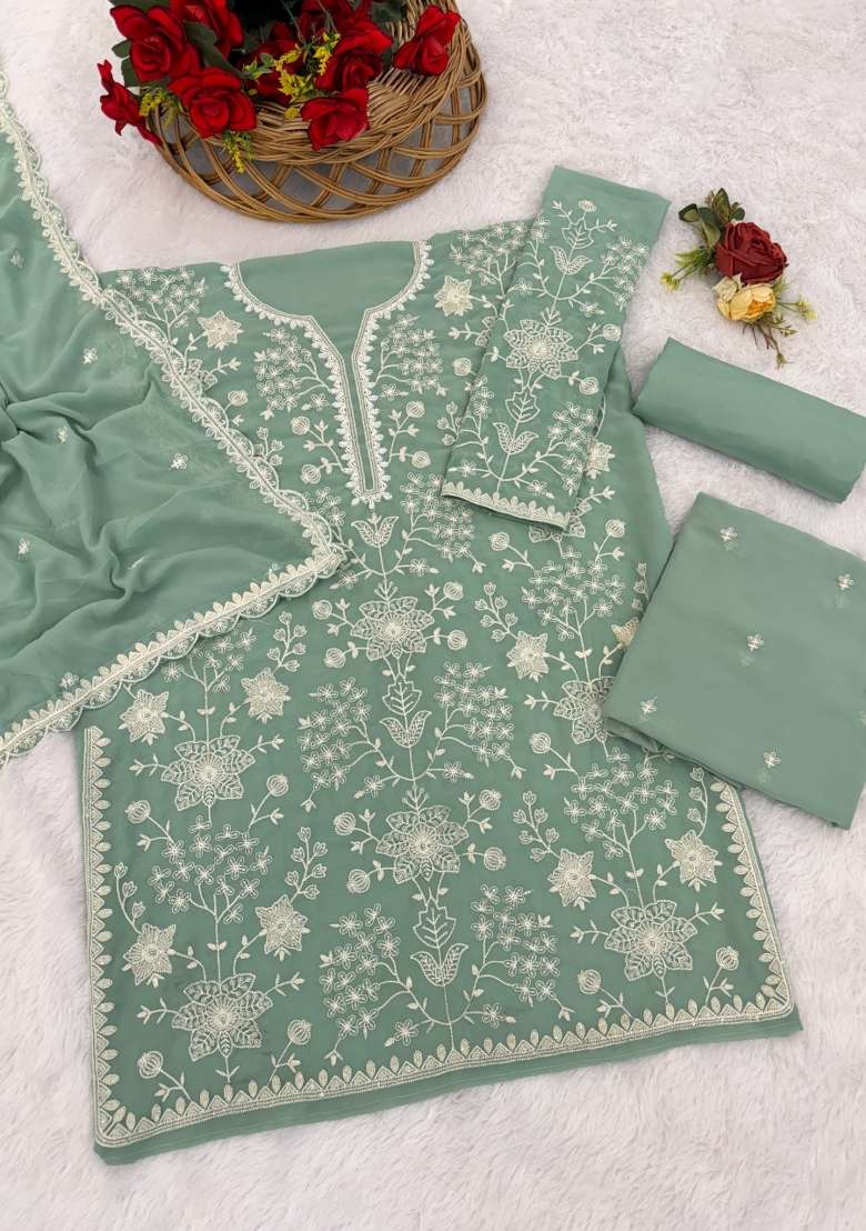 Green Embroidered Georgette Salwar Kameez - Indya