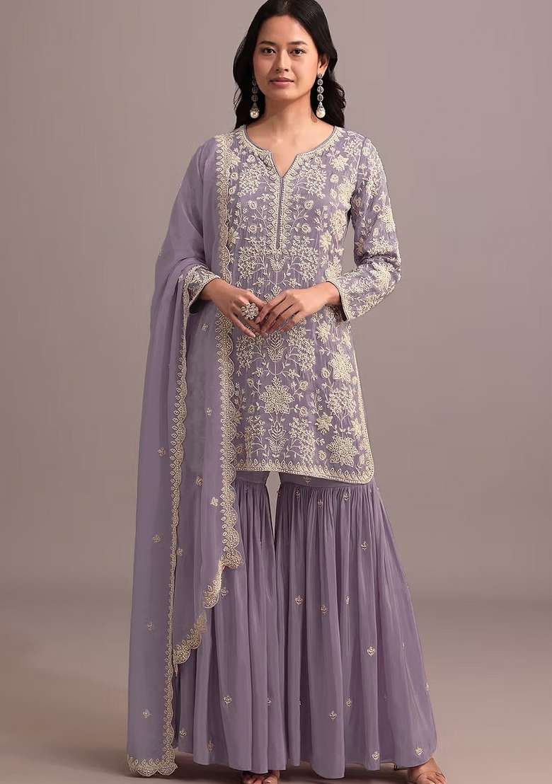 Purple Embroidered Georgette Salwar Kameez - Indya