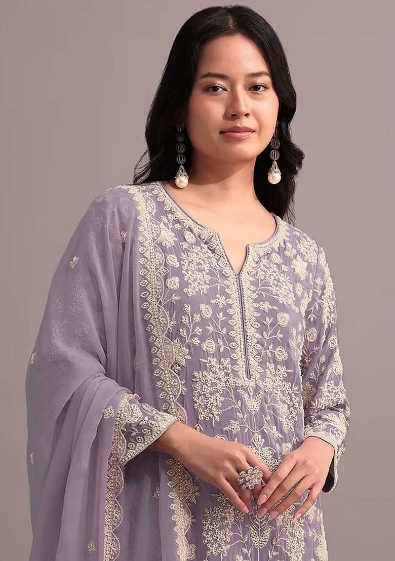 Purple Embroidered Georgette Salwar Kameez - Indya
