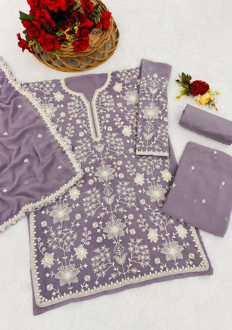 Purple Embroidered Georgette Salwar Kameez - Indya