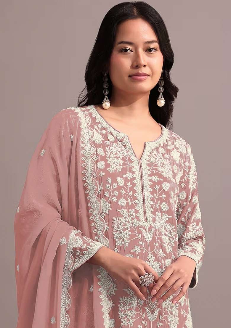 Peach Embroidered Georgette Salwar Kameez - Indya