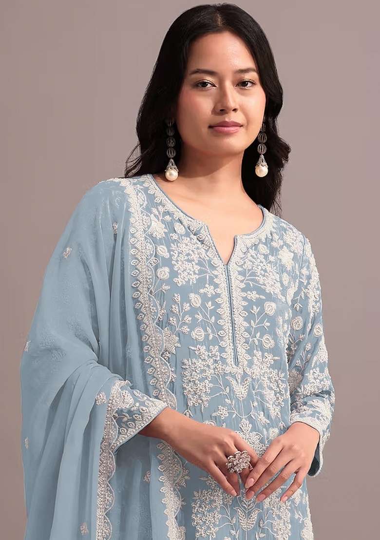 Sky Blue Embroidered Georgette Salwar Kameez - Indya