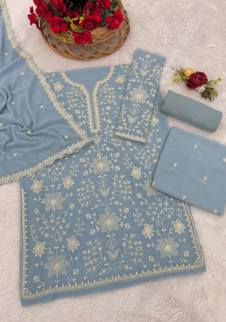 Sky Blue Embroidered Georgette Salwar Kameez - Indya