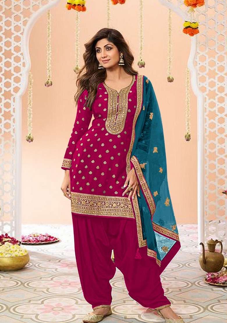 Pink Embroidered Viscose Salwar Kameez - Indya