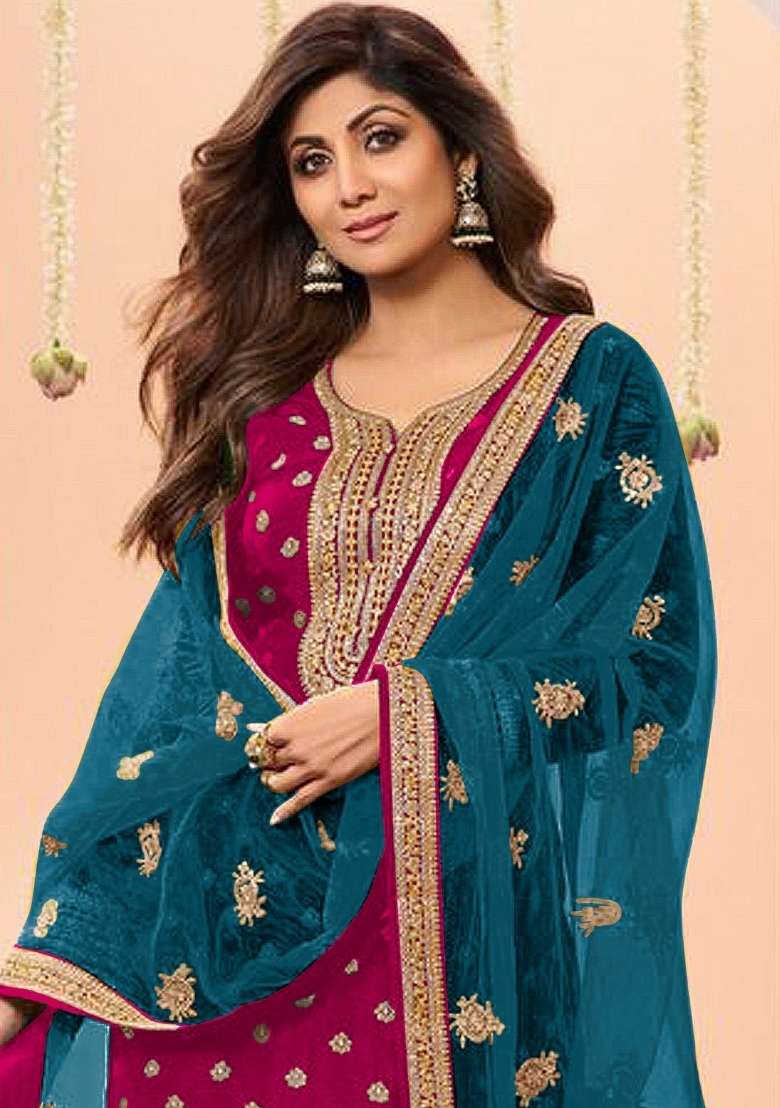 Pink Embroidered Viscose Salwar Kameez - Indya
