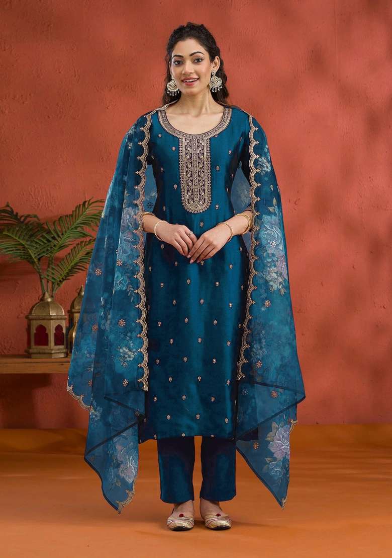 Teal Blue Embroidered Silk Blend Salwar Kameez - Indya