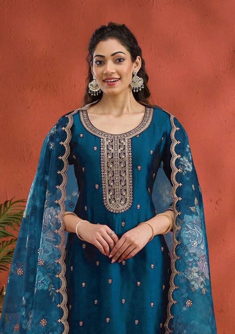 Teal Blue Embroidered Silk Blend Salwar Kameez - Indya