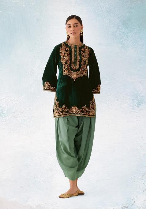 Dark Green Embroidered Velvet Dhoti Suit