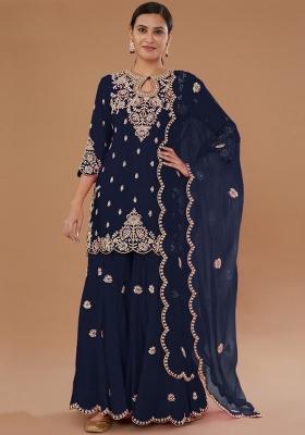 Teal Embroidered Silk Salwar Kameez