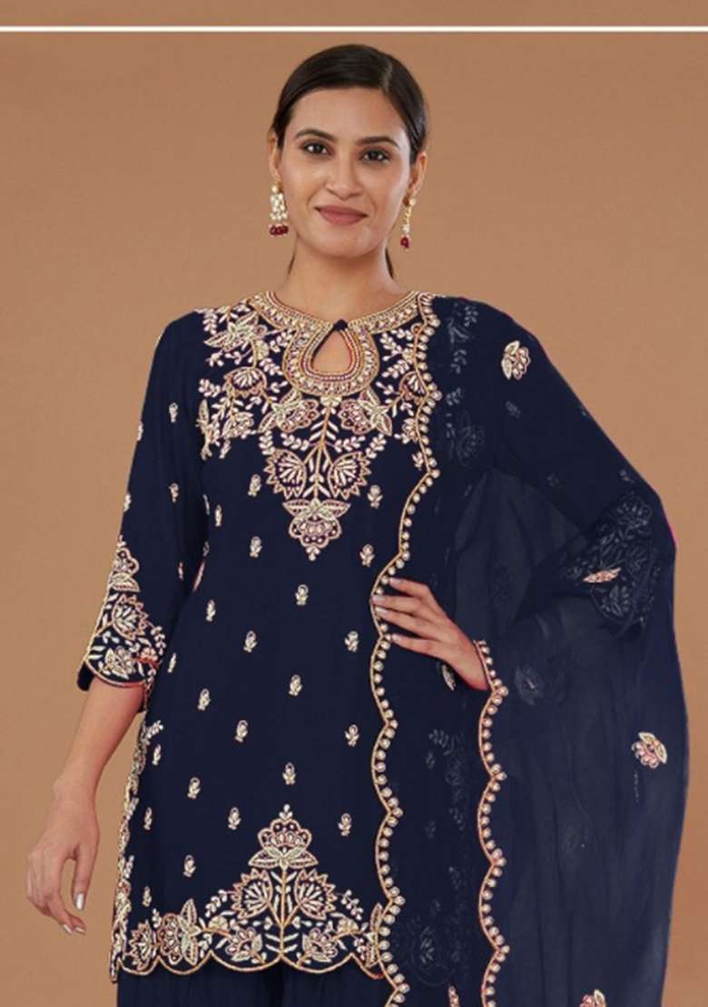 Teal Embroidered Silk Blend Salwar Kameez - Indya