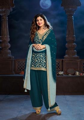 Teal Sequin Work Silk Salwar Kameez