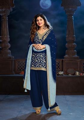 Navy Blue Sequin Work Silk Salwar Kameez