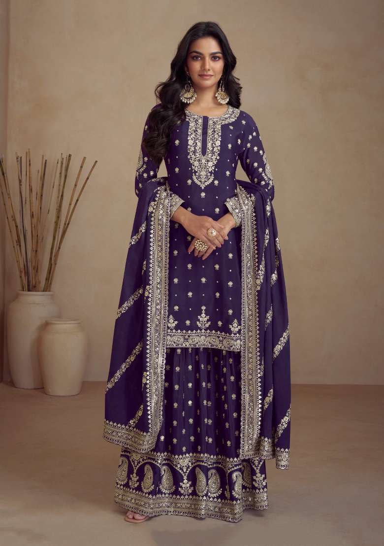 Violet Sequin Work Silk Blend Salwar Kameez - Indya