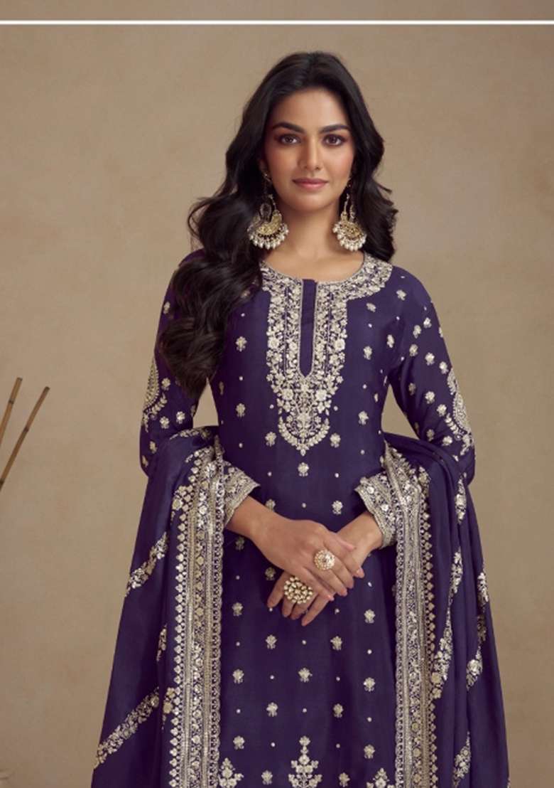 Violet Sequin Work Silk Blend Salwar Kameez - Indya