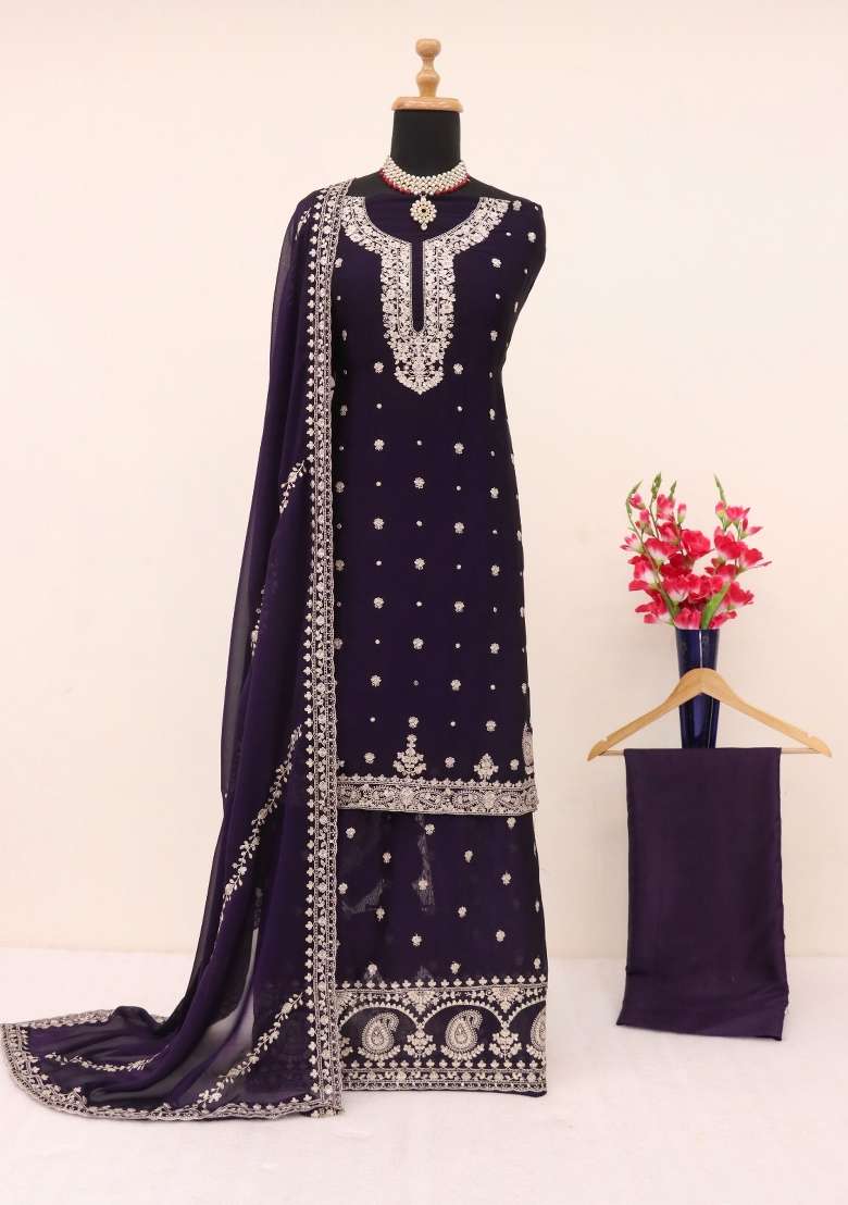 Violet Sequin Work Silk Blend Salwar Kameez - Indya