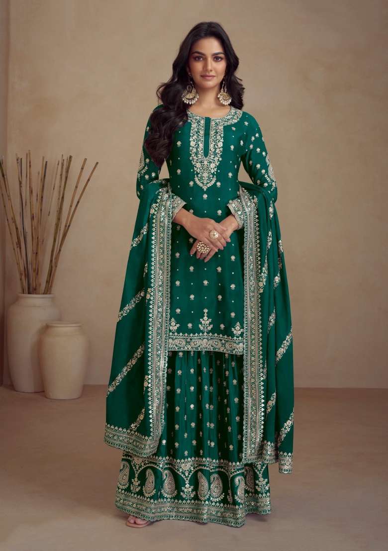 Green Sequin Work Silk Blend Salwar Kameez - Indya