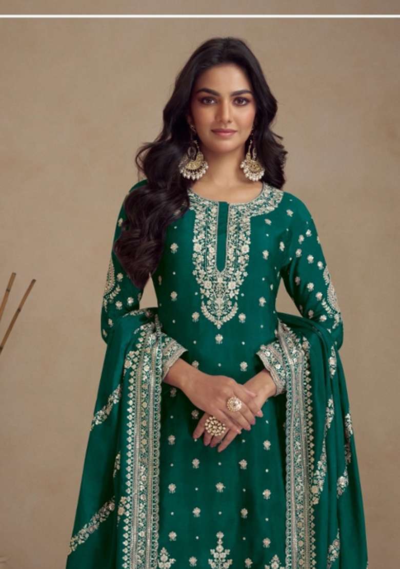 Green Sequin Work Silk Blend Salwar Kameez - Indya