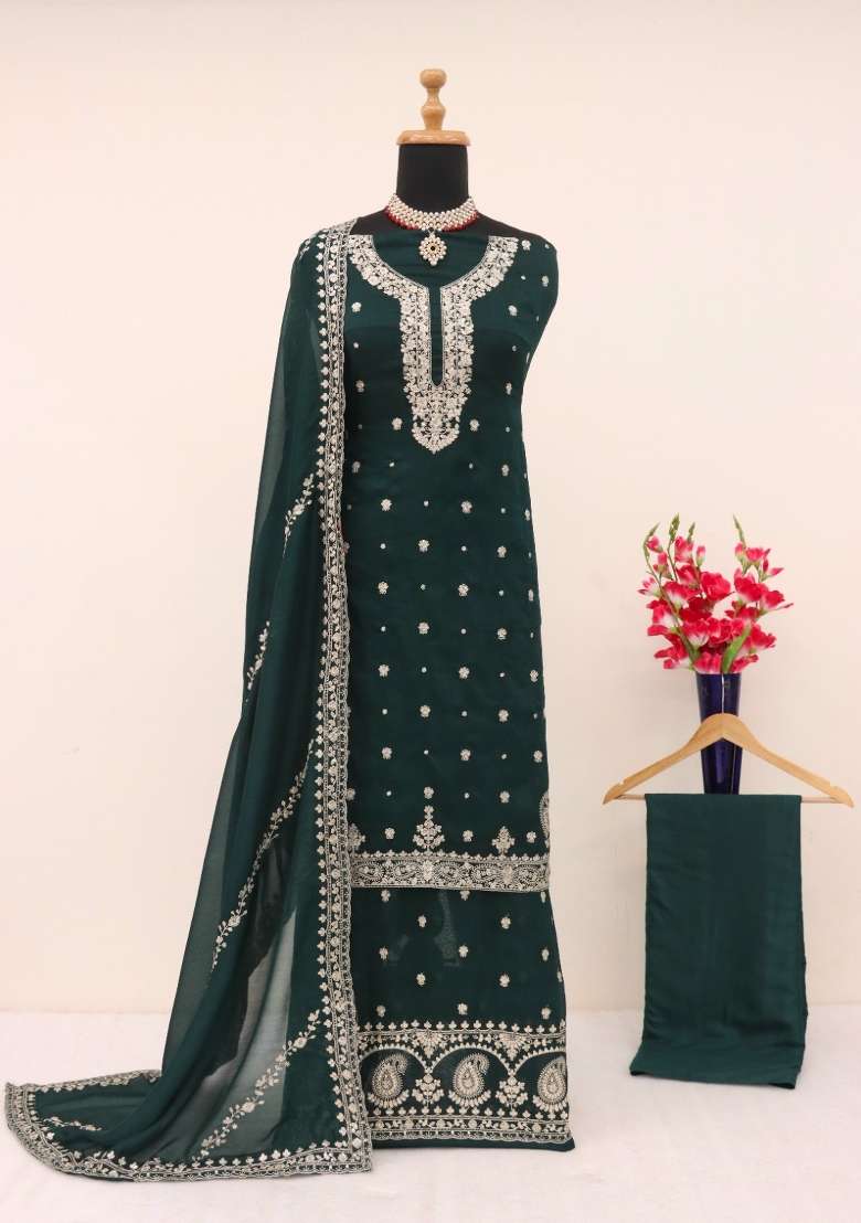 Green Sequin Work Silk Blend Salwar Kameez - Indya