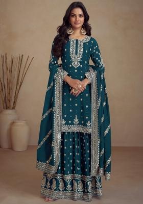 Teal Sequin Work Silk Salwar Kameez