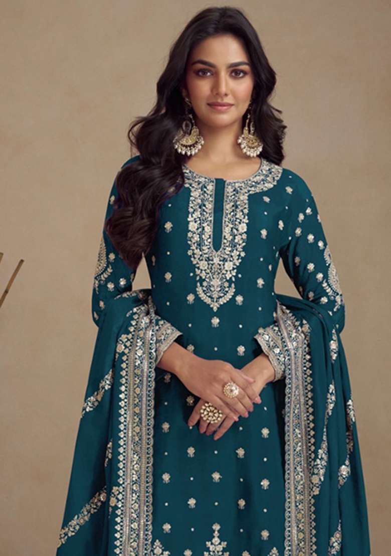 Teal Sequin Work Silk Blend Salwar Kameez - Indya