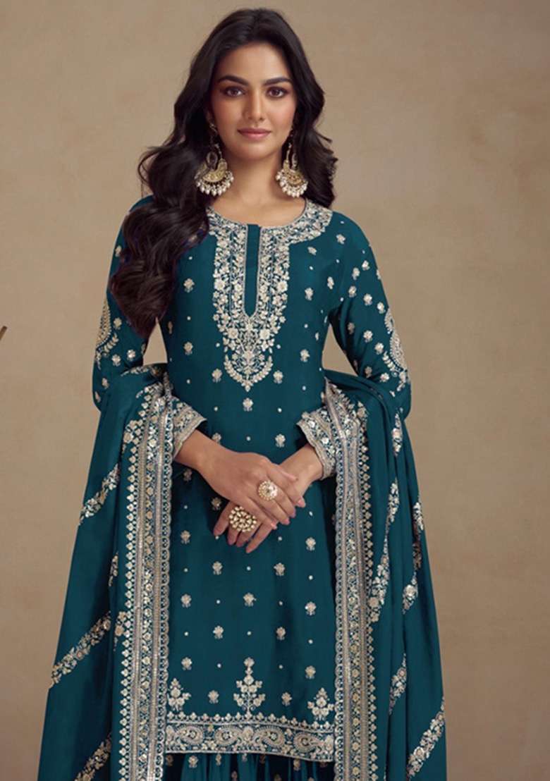 Teal Sequin Work Silk Blend Salwar Kameez - Indya
