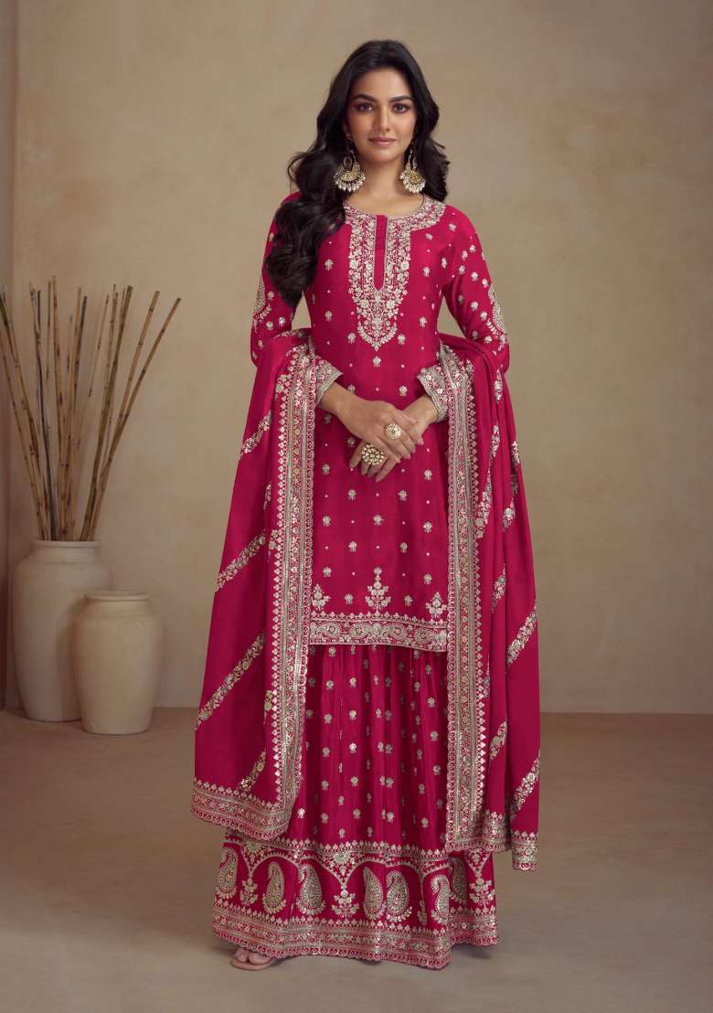 Red Sequin Work Silk Blend Salwar Kameez - Indya
