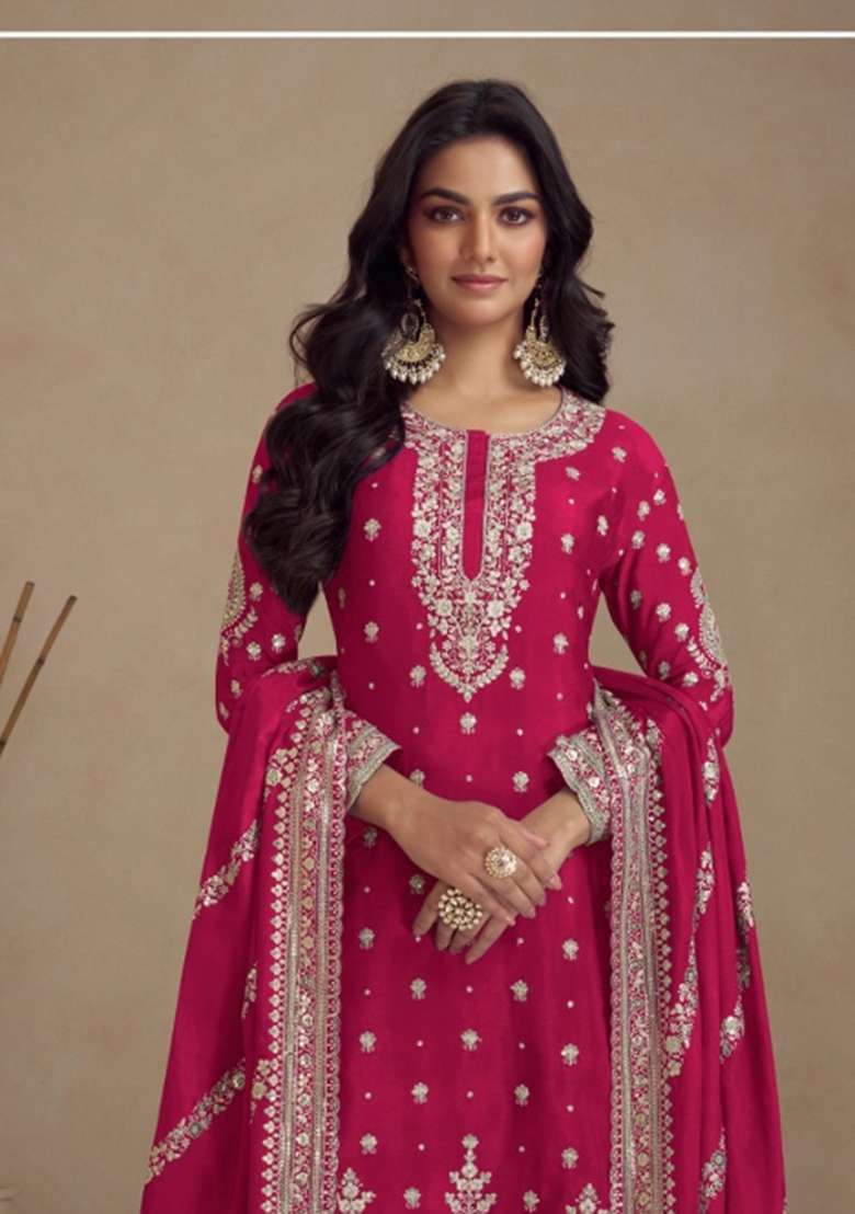 Red Sequin Work Silk Blend Salwar Kameez - Indya