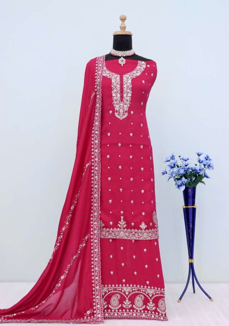 Red Sequin Work Silk Blend Salwar Kameez - Indya